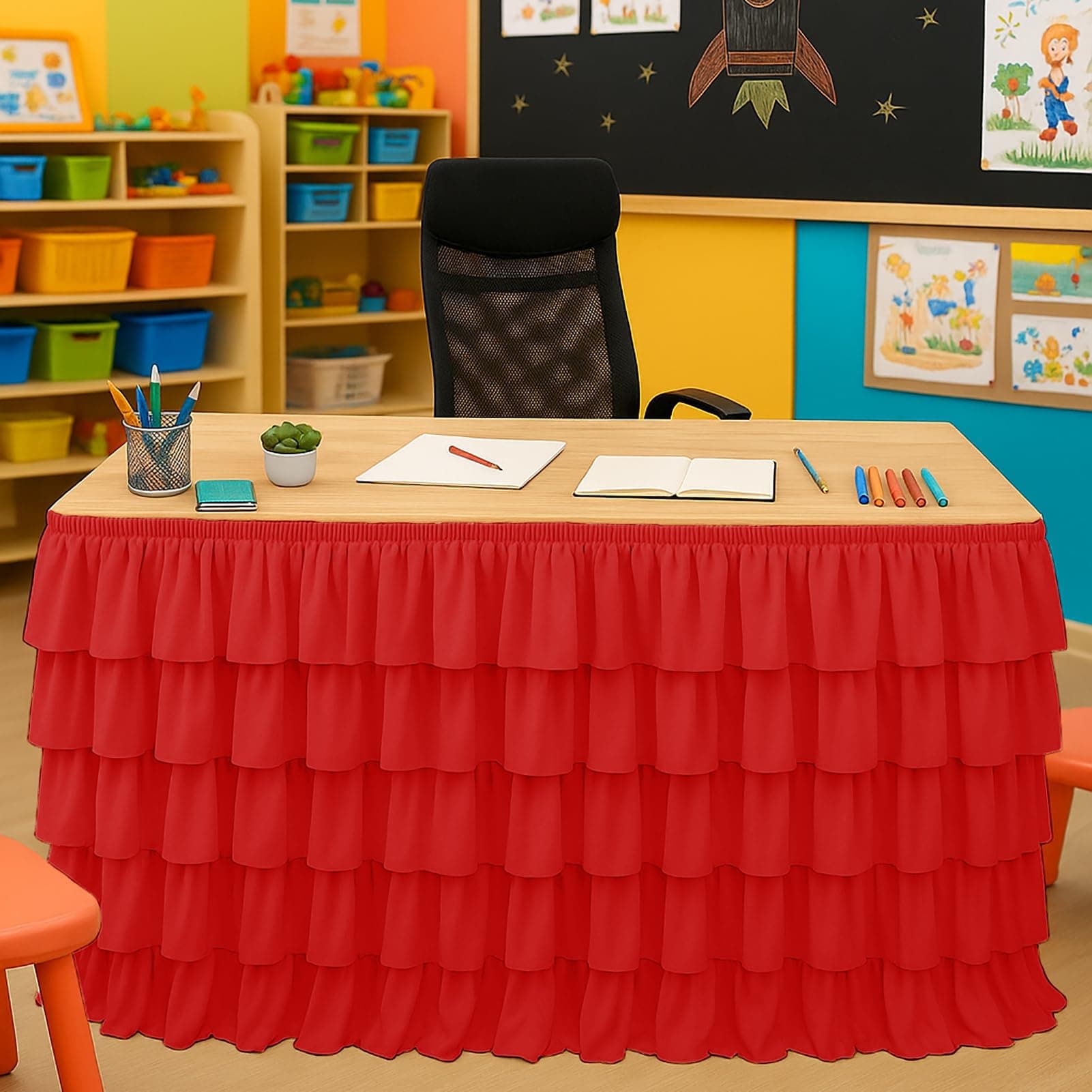 Red Table Skirt Tutu Ruffled Tablecloth for Classroom Teacher Desk Skirt Back to School Supplies for Princess Girls Birthday Party Cake Dessert Decorations, 9FT