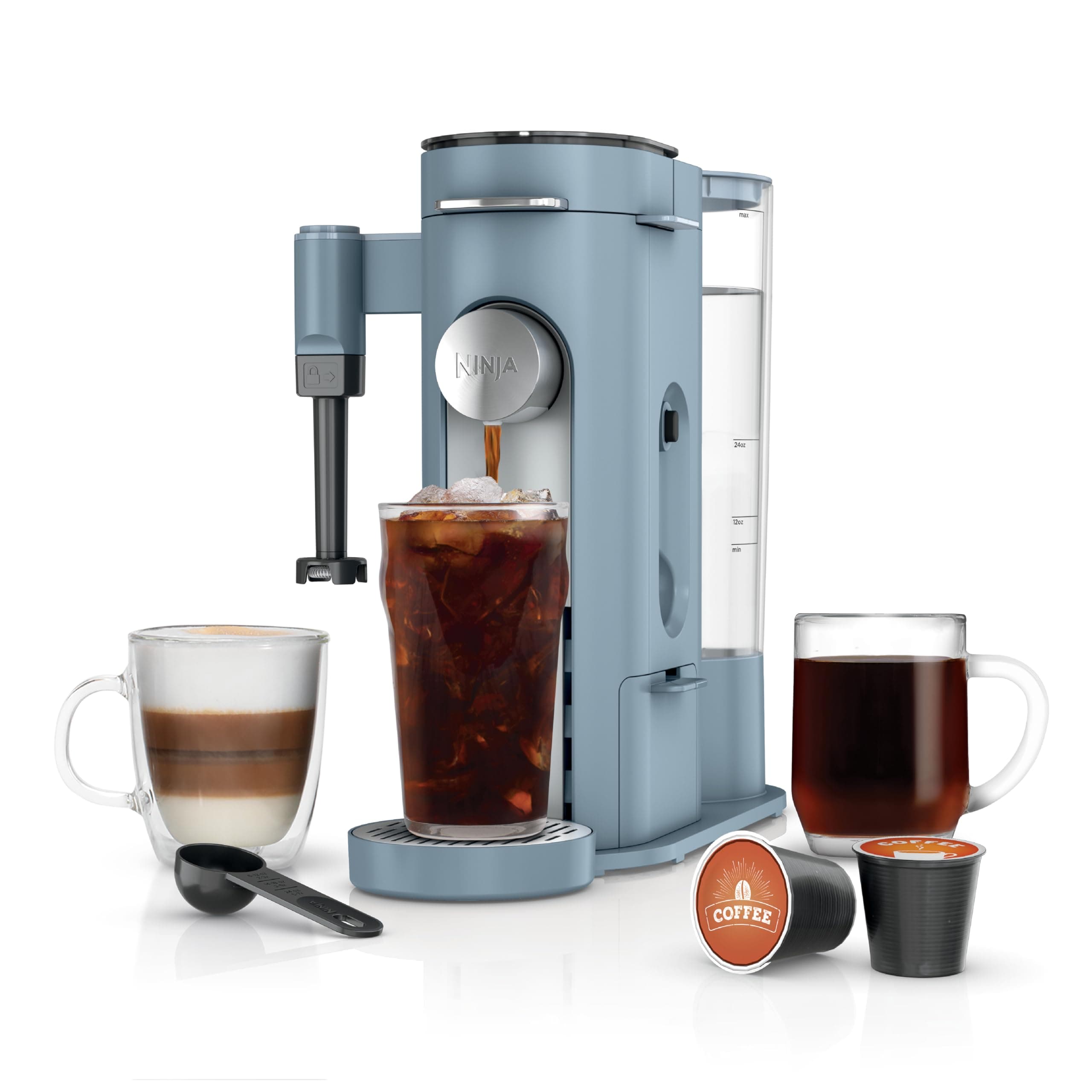 Pod & Grounds Specialty XL Single-Serve Coffee Maker, K-Cup Pod Compatible, Brews Grounds, Compact Design, Built-In Milk Frother, 68-oz. Reservoir, 6oz. Cup-24oz. Mug Sizes, Denim Blue, PB055ABL