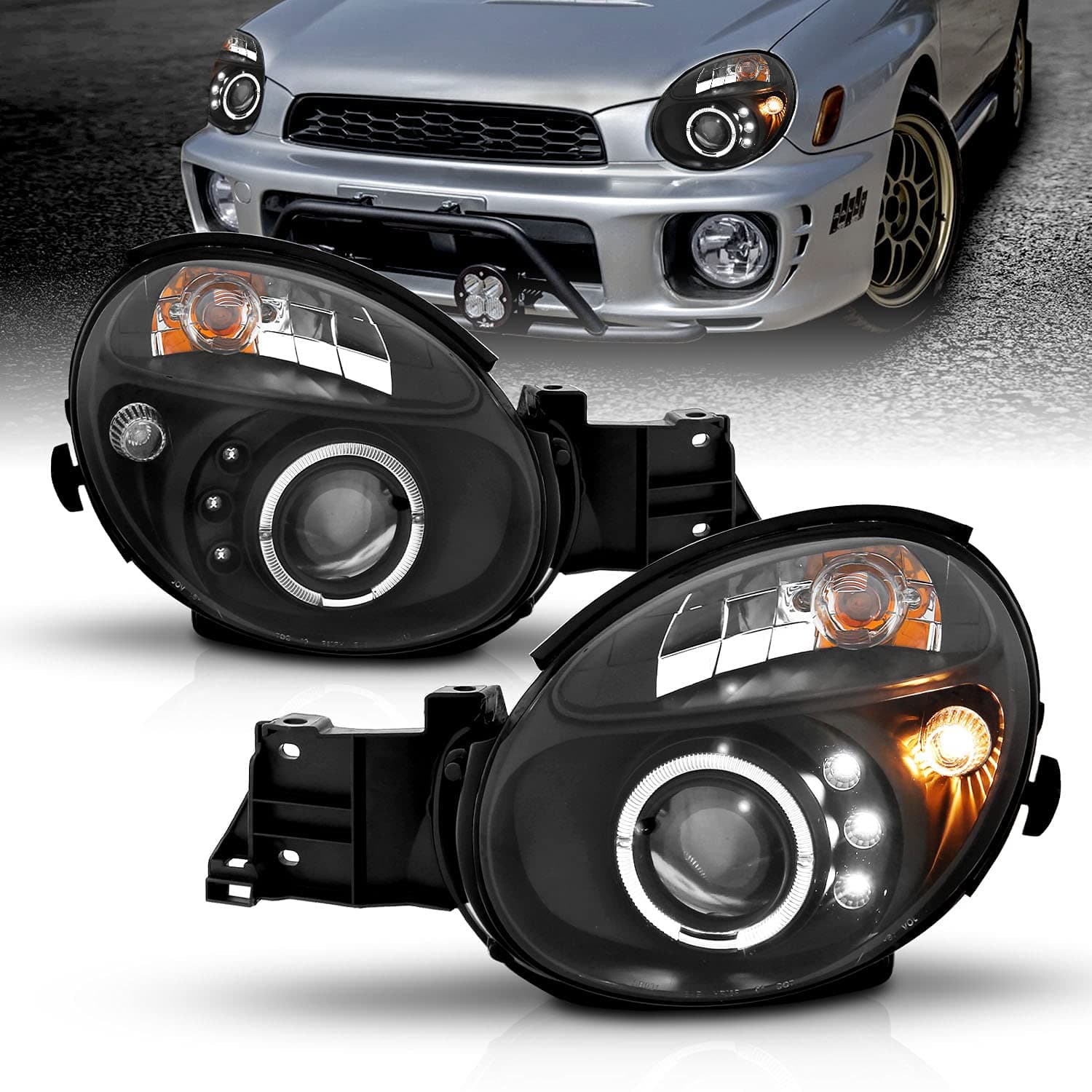 AmeriLite LED Halo Projector Black Replacement Headlights Set For 2002 2003 Subaru Impreza WRX - Passenger and Driver Side