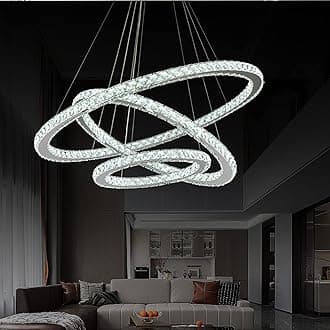 Siljoy LED Chandelier, Modern Ceiling Light Fixture with 3 Crystal Chandelier Lighting Rings, DIY & 3-Color Changing 3 Rings Adjustable Chandeliers for Living Room Dining Room Kitchen, D 12"-20"-28"