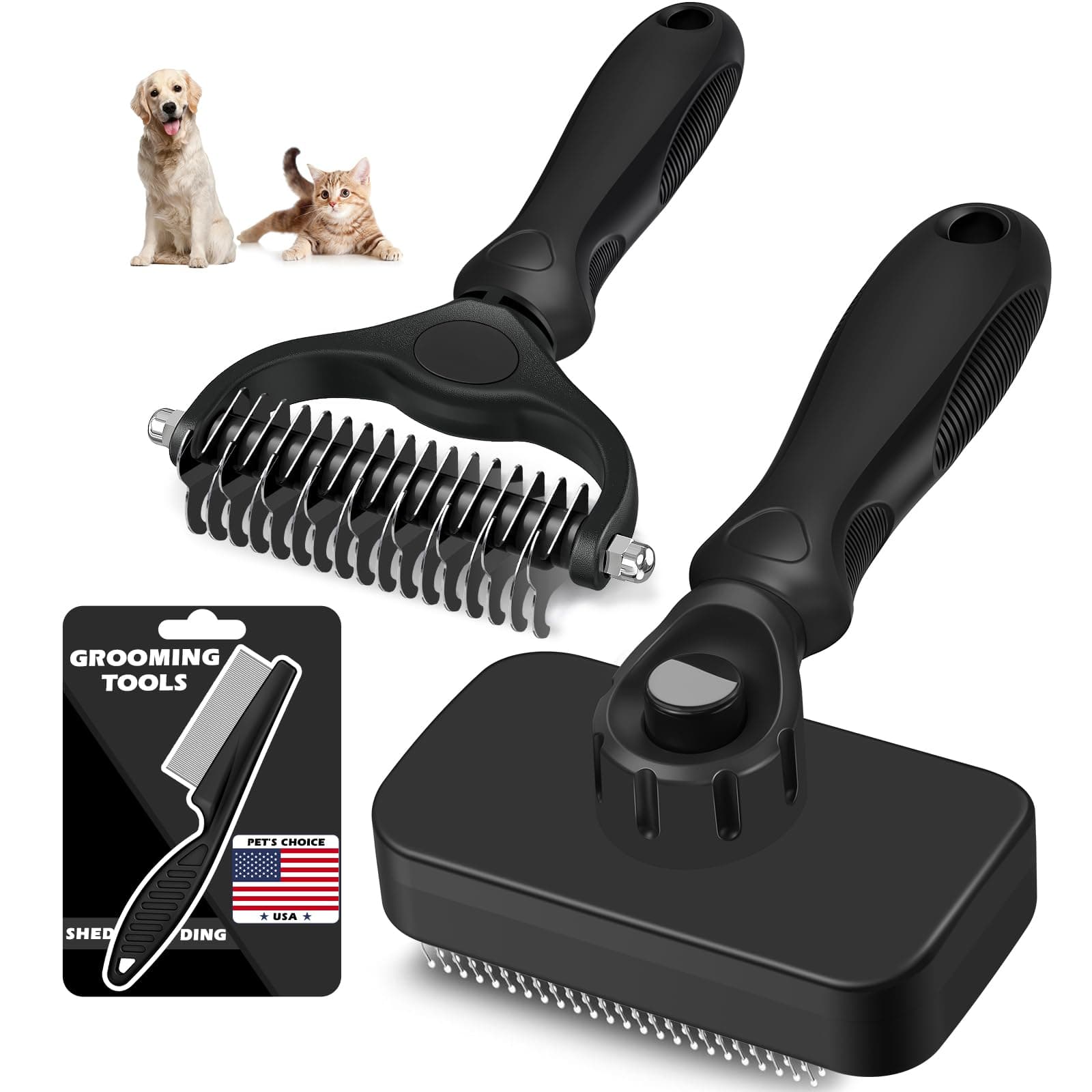 3PCS Self Cleaning Slicker Brush & Pet Grooming Rake & Flea Comb for Dogs,Cats and Horses | Double-Sided Dematting Comb & Skin Friendly Deshedding Grooming Tool | Premium Pet Supplies (Black)