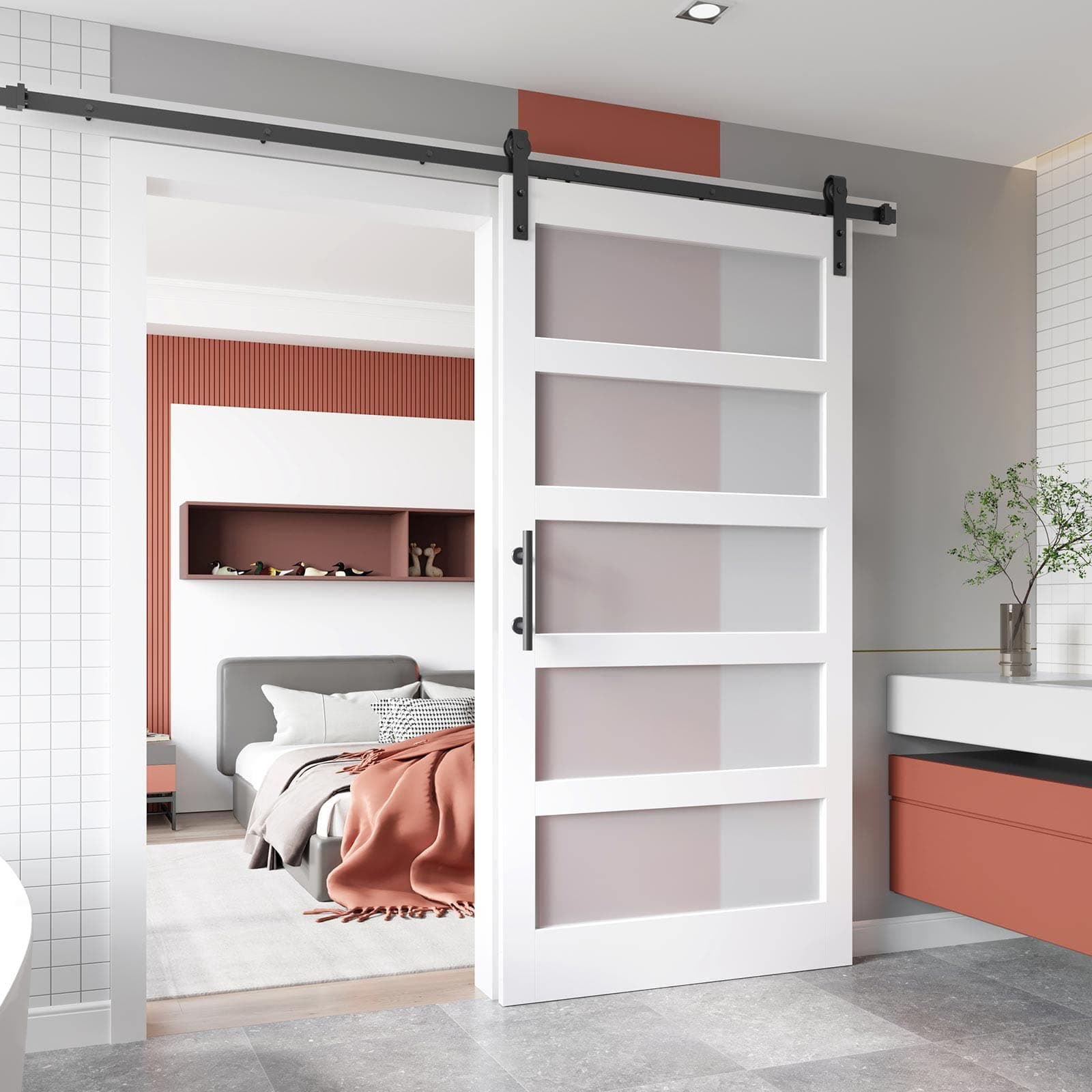 EaseLife 42 x 84 inch Glass Barn Door with 7FT Sliding Hardware Kit Included & Handle,Solid Wood Covered with Water-Proof PVC Surface,5-Panel Frosted Glass,DIY Assemblely,Fit 38-40in Wide Opening