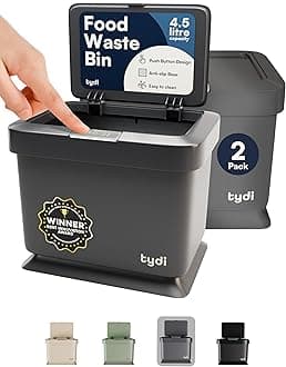 Tydi 4.5L Food Waste Bin with Press-Button Lid (2 Pack) – Compost Bins for Kitchen - Anti-Slip Base and Secure Lid Kitchen Compost – Small Indoor Caddy for Cupboard or Countertop – Dark Grey