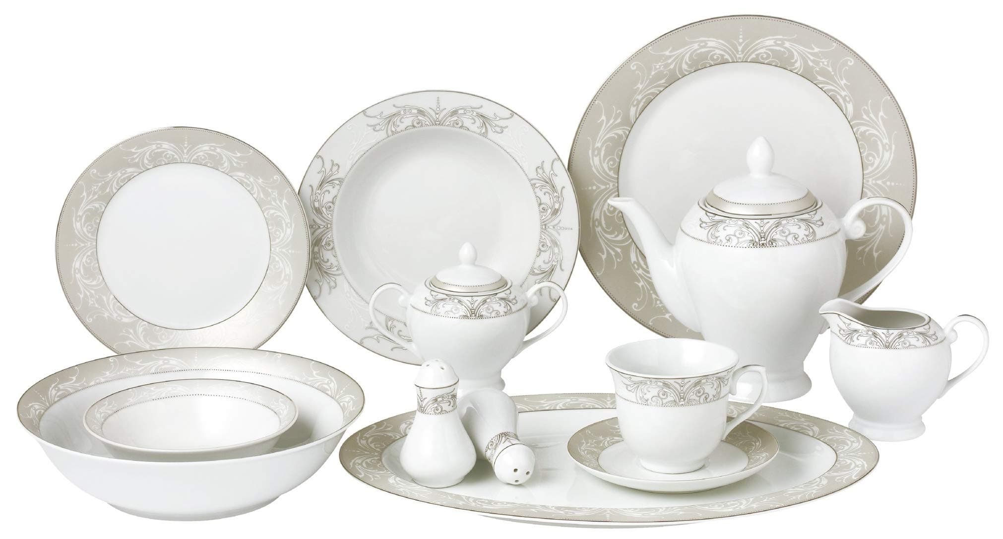 57Piece Silver Border Porcelain Dinnerware Set-Service For 8-Olympia-Mix & Match