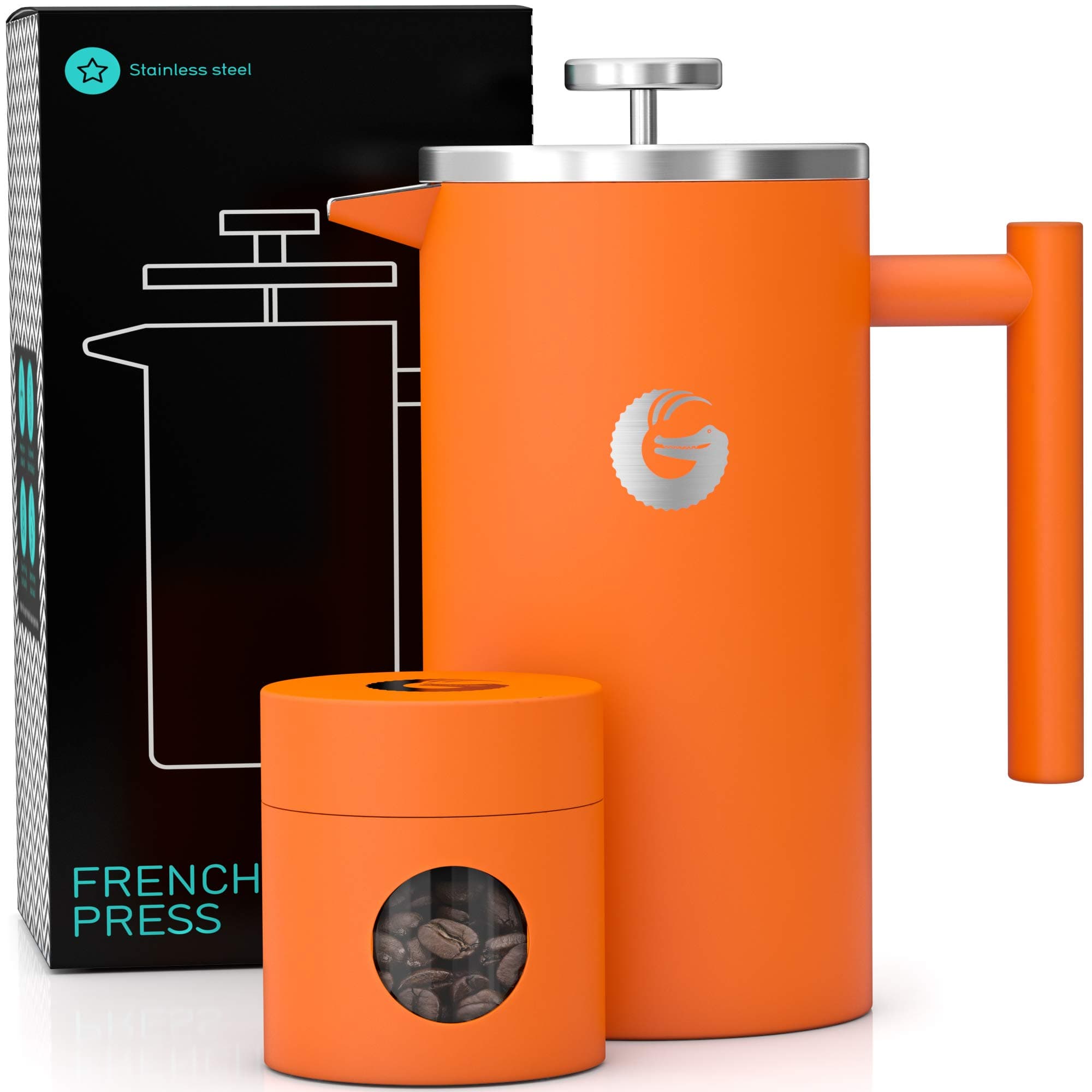 Coffee Gator Coffee Maker | 34 Oz | Stainless Steel Cafetiere - Keeps Coffee Hotter Longer With Vacuum Insulated Sides - FREE Mini Coffee Storage Canister - Orange Edition