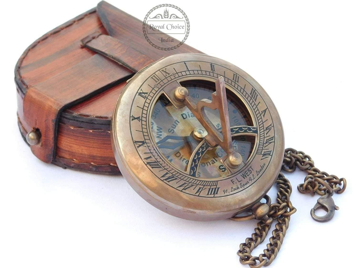 Brass Sundial Compass with Leather Case and Chain - Push Open Compass