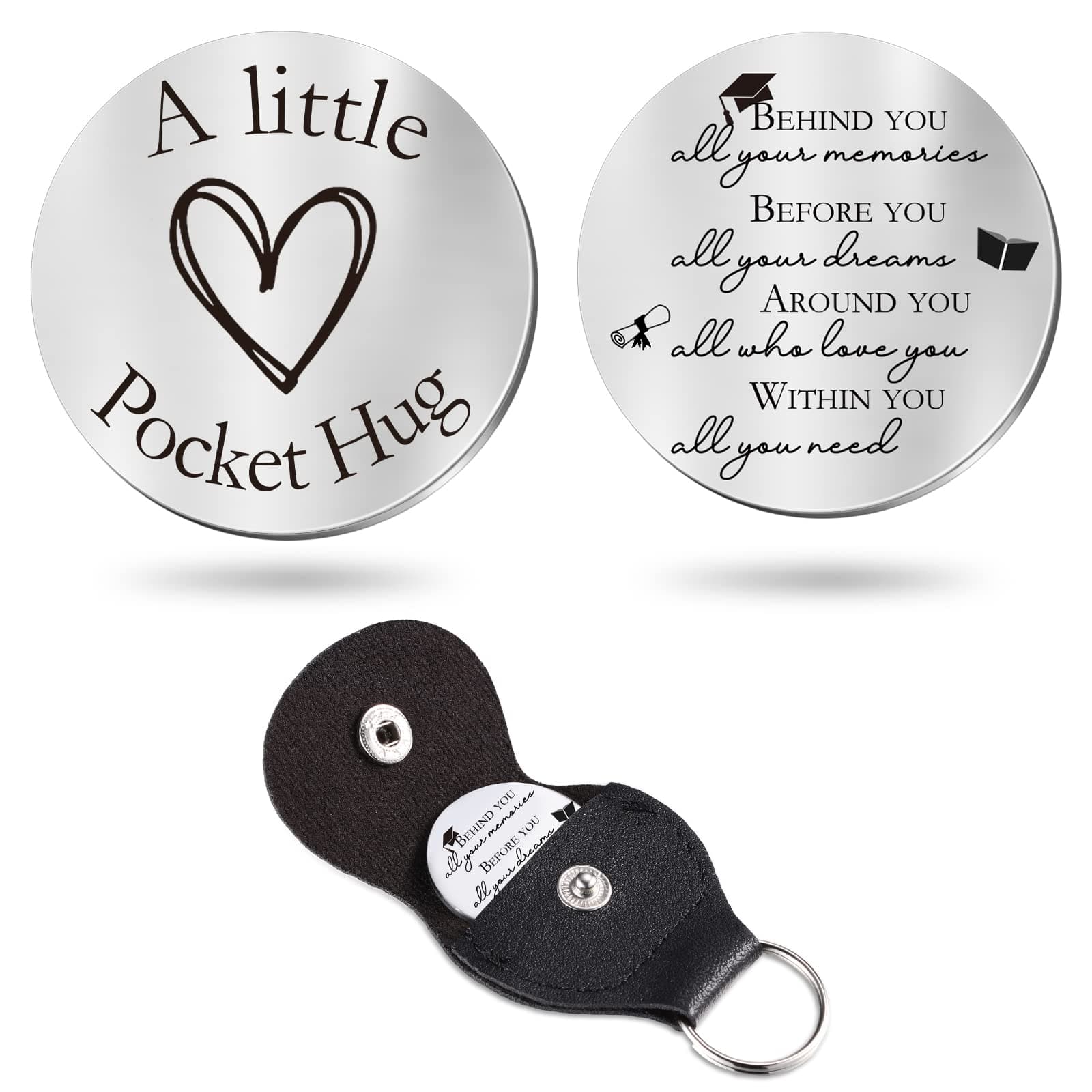 Pocket Hug Token Long Distance Relationship Keepsake Stainless Steel Double Sided Inspirational Gift with PU Leather Keychain