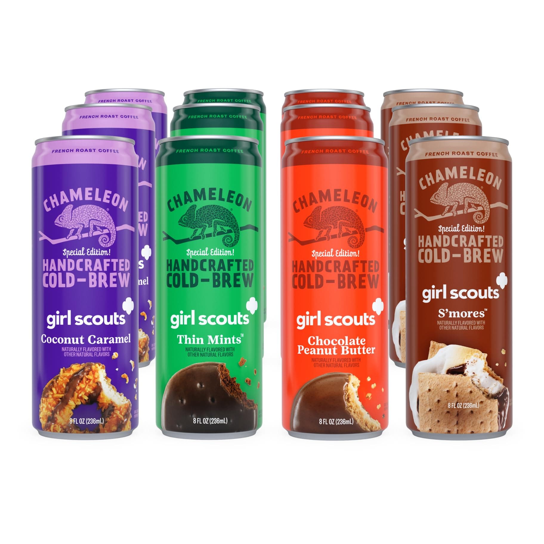 Chameleon Cold Brew Coffee Latte Variety Pack, Includes Girl Scout Thin Mint, Coconut Caramel, Peanut Butter & S'mores, 8 oz Canned Coffee (12 pack)