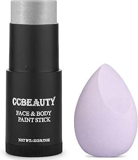 CCbeauty Metallic Silver Face Paint Stick,Glitter Face Painting Kit,Professional Body Paint,Non Toxic SFX Makeup Kit For Halloween Costume Cosplay,Full Coverage Painting Foundation With Makeup Sponge