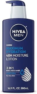 NIVEA MEN Maximum Hydration 48-Hour Moisture Body Lotion for Dry Skin, Aloe Vera Lotion for Men, 3-in-1 Body, Face and Hands, Dermatologically-Tested, 16.9 Fl Oz Bottle