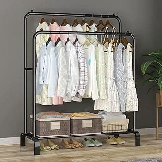 Clothes Rack, Clothing Garment Rack Metal Double Rail Hanging Clothes 2-Tier Storage Shelf For Boxes Shoes Boots Commercial Grade Multi-Purpose Entryway Shelving Unit For Home Office Bedroom (Black)