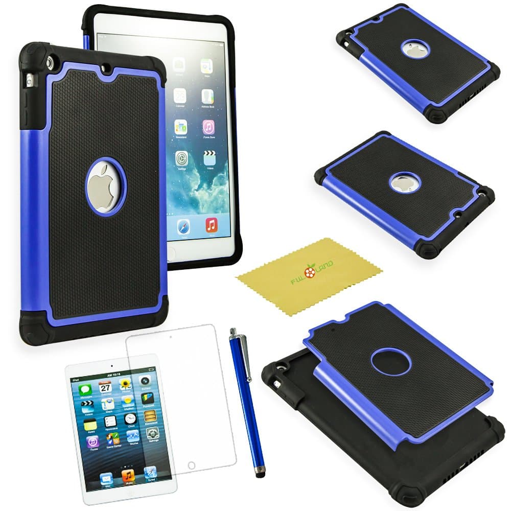 Fulland Hybrid Shockproof Dirt Proof Durable Rubber Case Cover for Apple Ipad Mini and New Ipad Mini 2 plus bonus Stylus Pen and Screen Protector-Blue/Black