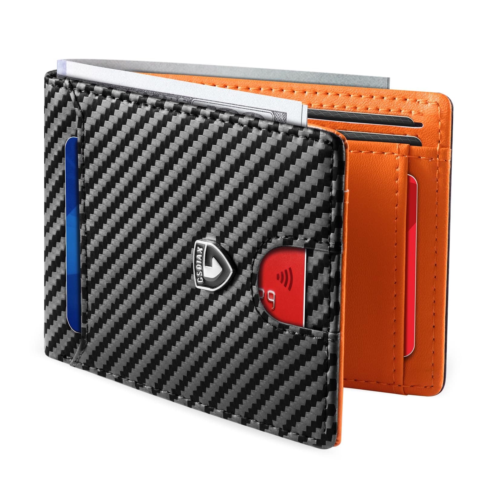GSOIAX Slim Wallet for Men RFID Blocking Bifold Wallet Carbon Fiber Front Pocket Wallet with 11 Card Holder Minimalist Mens Wallet with Gift Box(Carbon Orange)