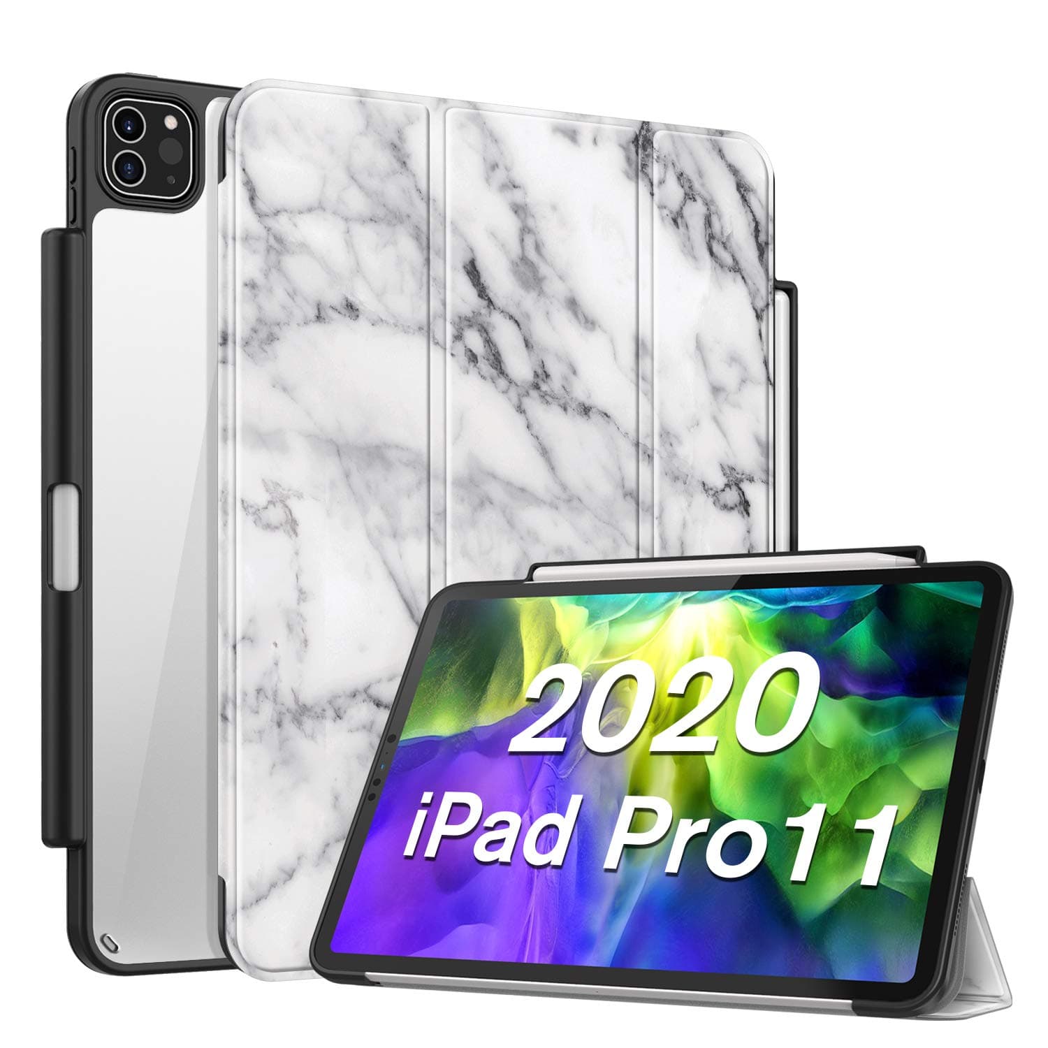 CaseBot Case with Pencil Holder for iPad Pro 11" 2020/2018 [Supports 2nd Gen Pencil Charging] - Slim Transparent Clear Back Cover with Soft TPU Edge, Supports Auto Wake/Sleep, Marble White