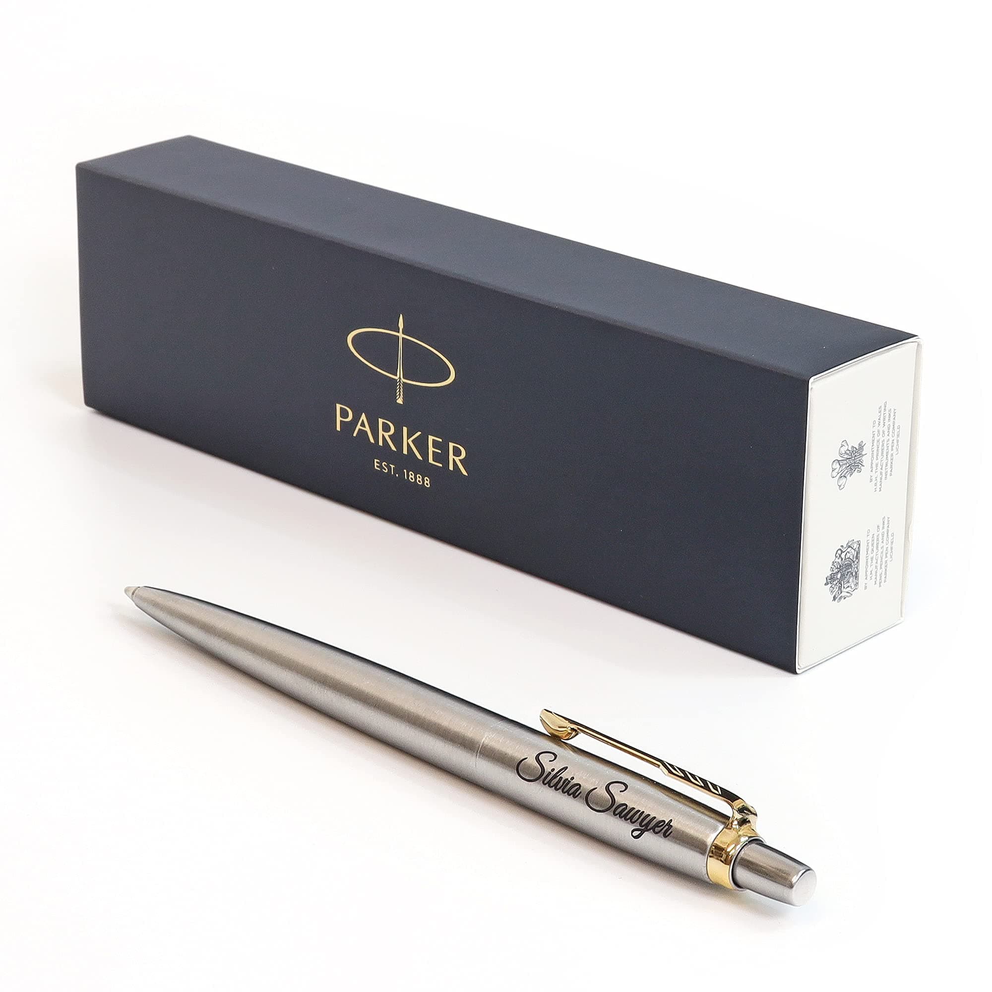 Personalised Engraved Pen made with Parker Jotter SS + Gift Box | Customised Present for Men Woman | Golden Trim - black ink
