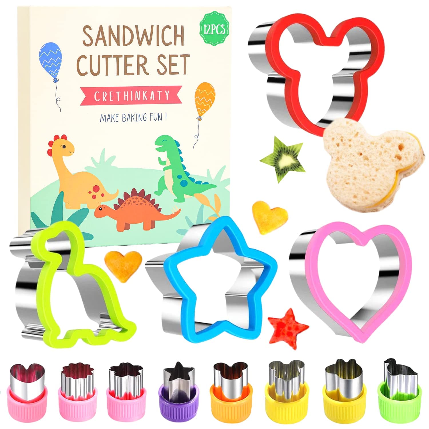 Sandwich Cutter for Kids-12 Pcs Cookie Cutters Set,Bread Cutter Set,Fruit Cutters,Dinosaur Heart Star Mouse Shaped DIY Mold for Kids Boys and Girls.