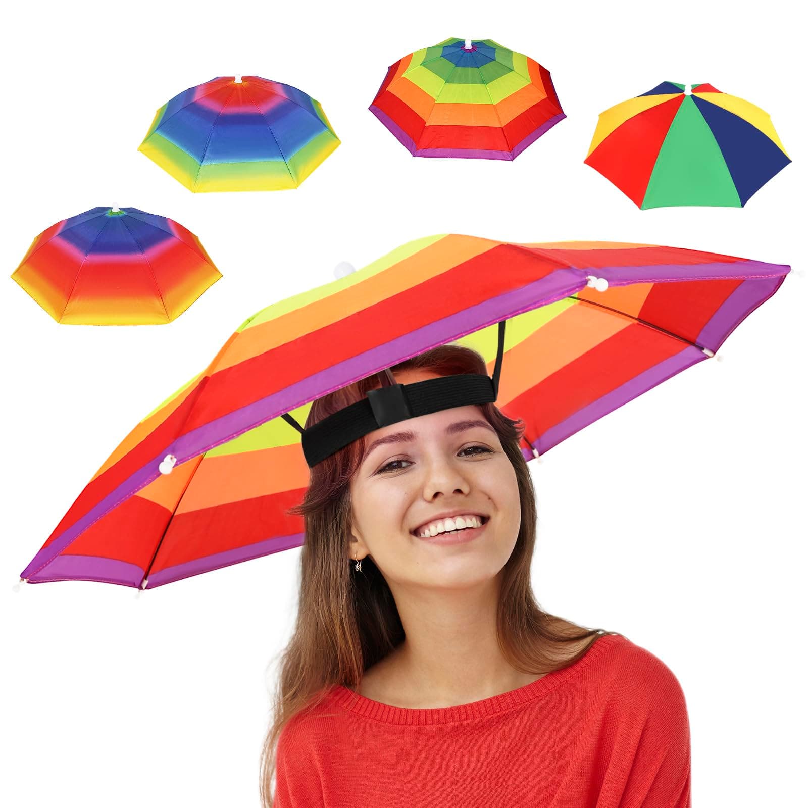 4 Pack Umbrella Hat with Elastic Band, Fun Colorful party Hats, Hands-free Design for Beach Party, Camping, Outdoor Sun Rain Protection