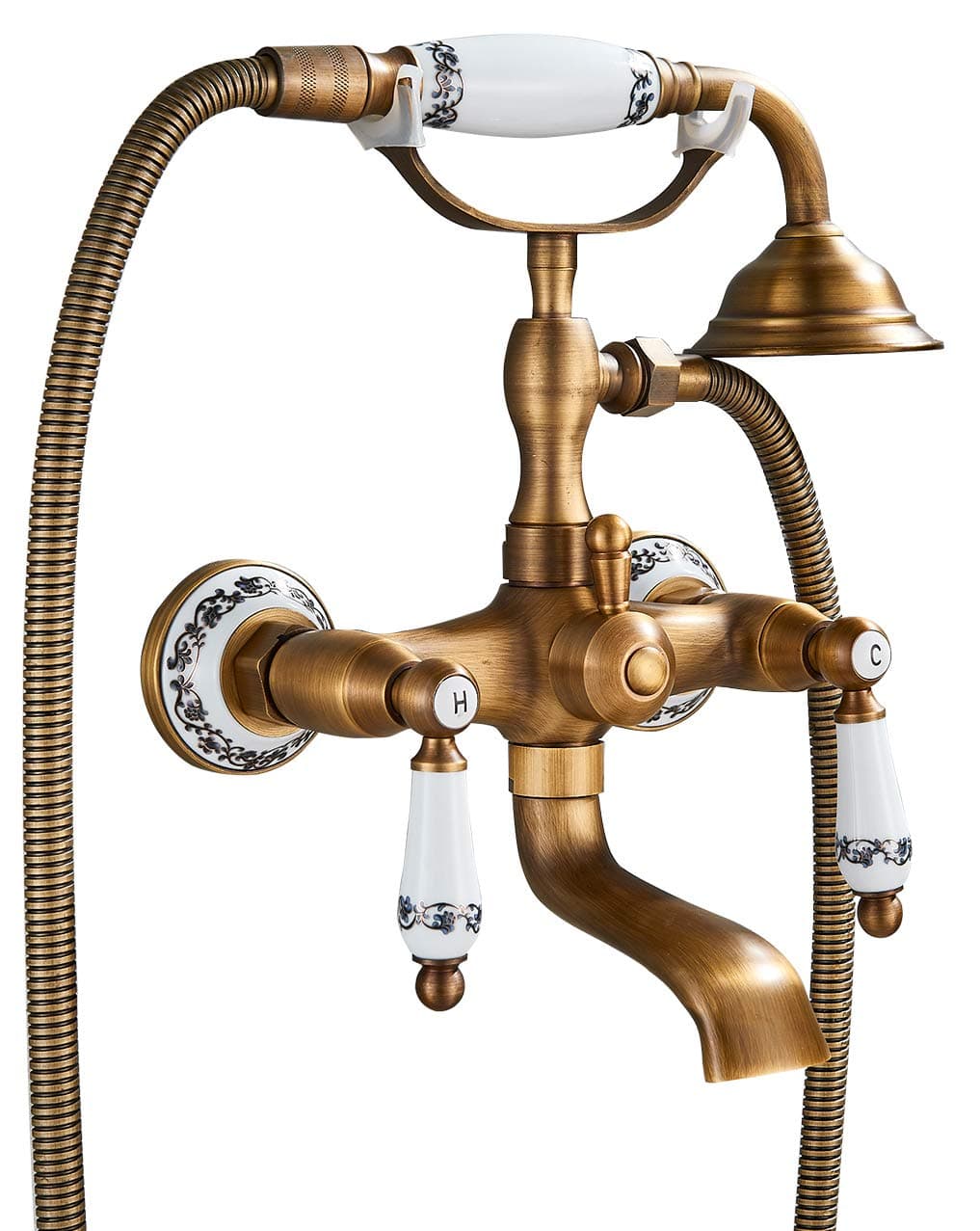 Bath Tap with Hand Shower Brass Wall Mount Shower Head Two Ceramic Handles Nostalgic Vintage Design Bath Tap