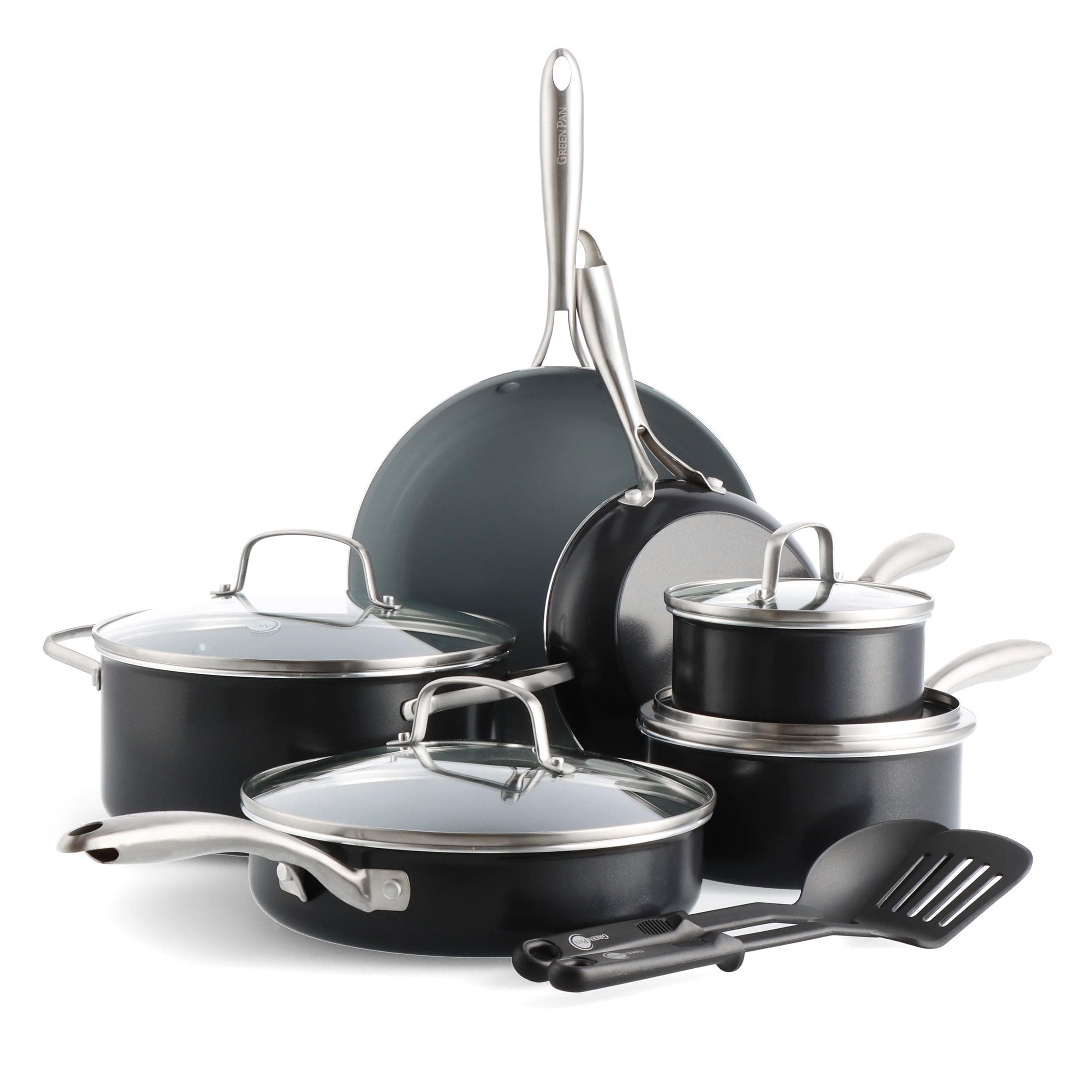 - 12 Piece Nonstick Swift Cookware Set, Ceramic PFAS-Free Pots & Pans with Lids, Dishwasher & Oven/Broiler Safe to 600F, Kitchen Cooking Set, Sauce, Saute, Stock, Frying Pans, Gray