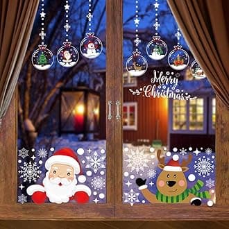 LOKIPA 48 Silver Glitter Snowflake Window Clings Static Snow Flakes PVC Stickers for Christmas Window Display