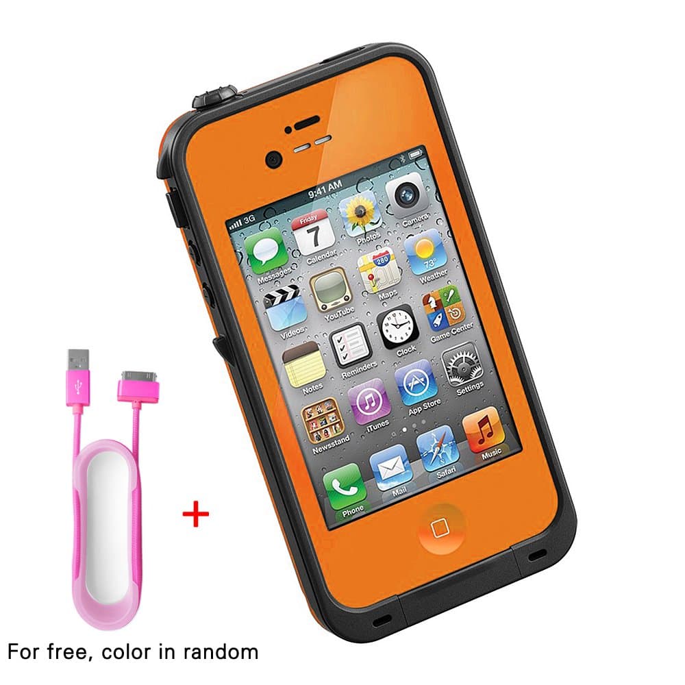 Durable Waterproof case for iPhone 4/4s, WaterProof SnowProof DirtProof ShockProof Protective Case with Cable date for free