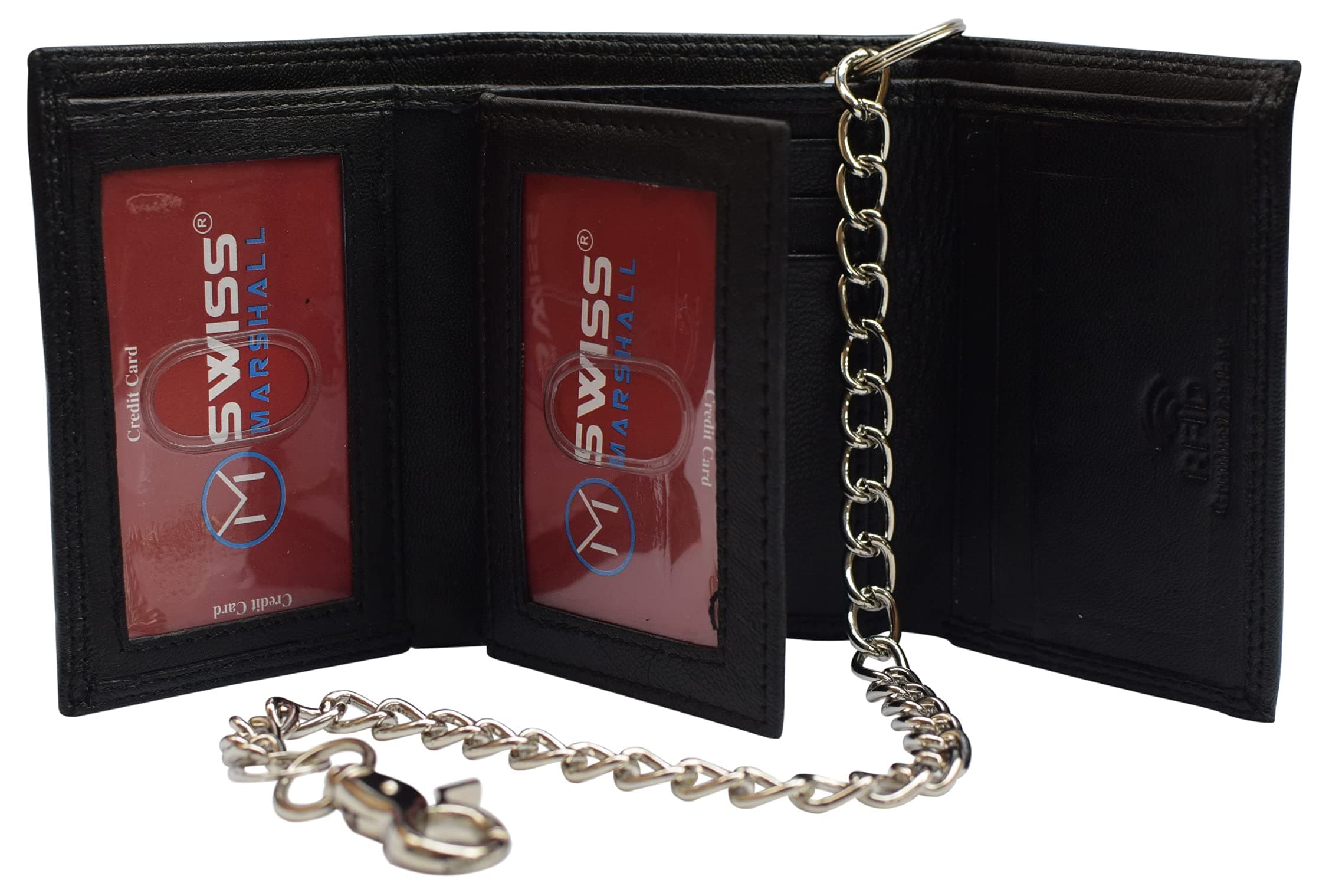 Men's RFID Blocking Premium Leather Classic Trifold Wallet (Black With Chain)