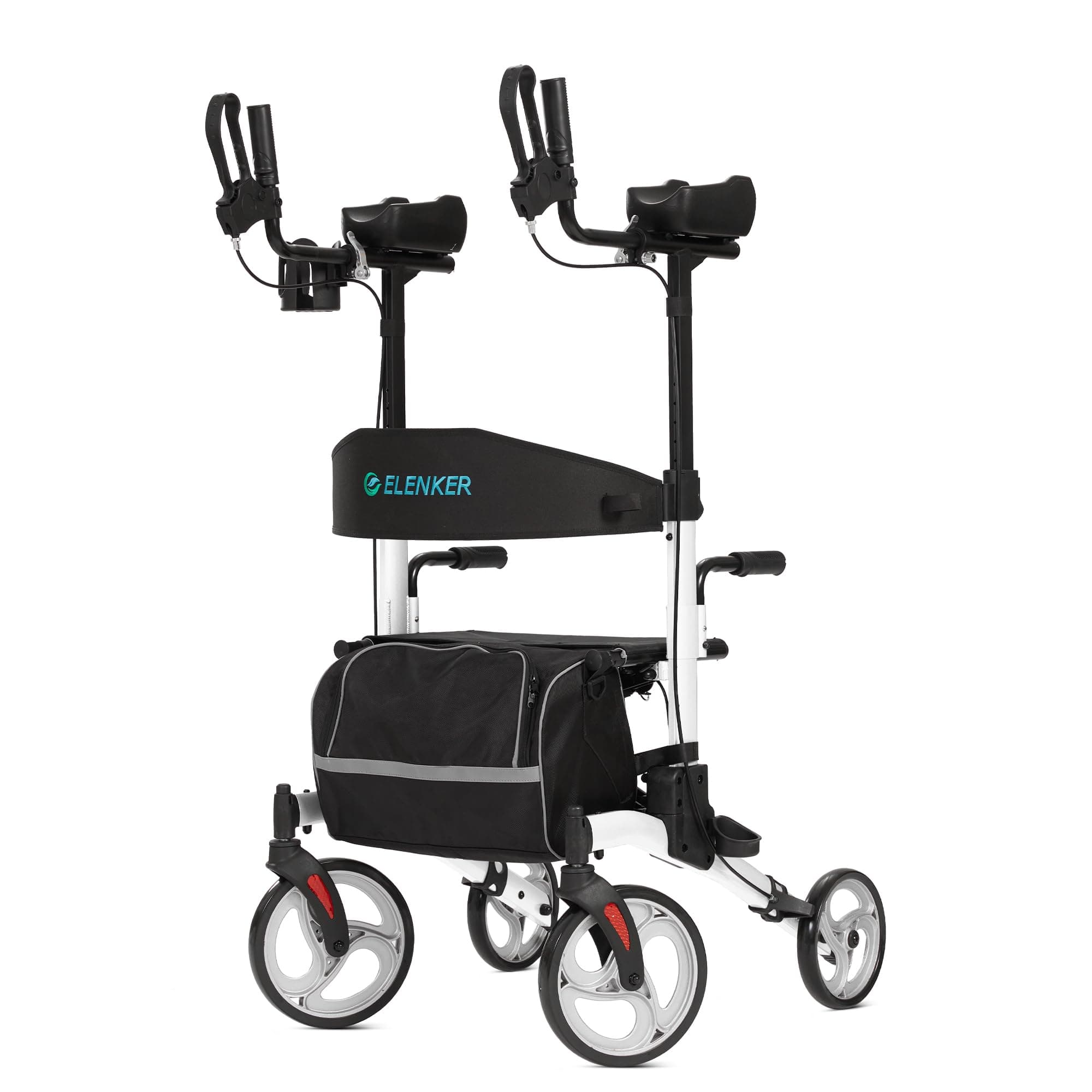 ELENKER Upright Rollator Walker, Stand Up Rolling Walker, Mobility Walking Aid with 10” Front Wheels, Seat and Armrest for Seniors and Adults, White