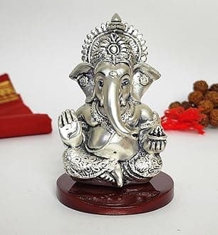 Gold Art India Ganpati Idol with Silver Antique Finish | Ganesha murti for Home Decor | Ganesh Statue for Car Dashboard | Ganpati ji murti for Puja | (MUKUTSILANTIQMATTEMDF) (3.5 x 2.5), Religious