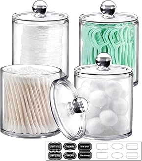 SheeChung 4 Pack. Plastic Acrylic Bathroom Vanity Countertop Canister Jars with Storage Lid, Apothecary Jars Qtip Holder Makeup Organizer for Cotton Balls,Swabs,Pads,Bath salts (Clear, 12oz&10oz)