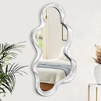 Lzuso Large Asymmetrical Wall Mirror Irregular Wood Frame Modern Unique Wall-Mounted Artistic Wavy Mirror Decor Bathroom Vanity Bedroom Living Room Entryway Hallway 120x55cm Natural