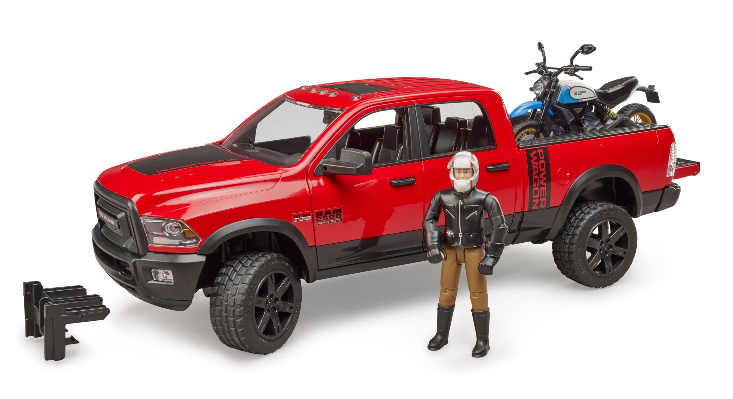 Ram 2500 Power Wagon with Ducati Scrambler Desert Sled and Driver Vehicles Toy