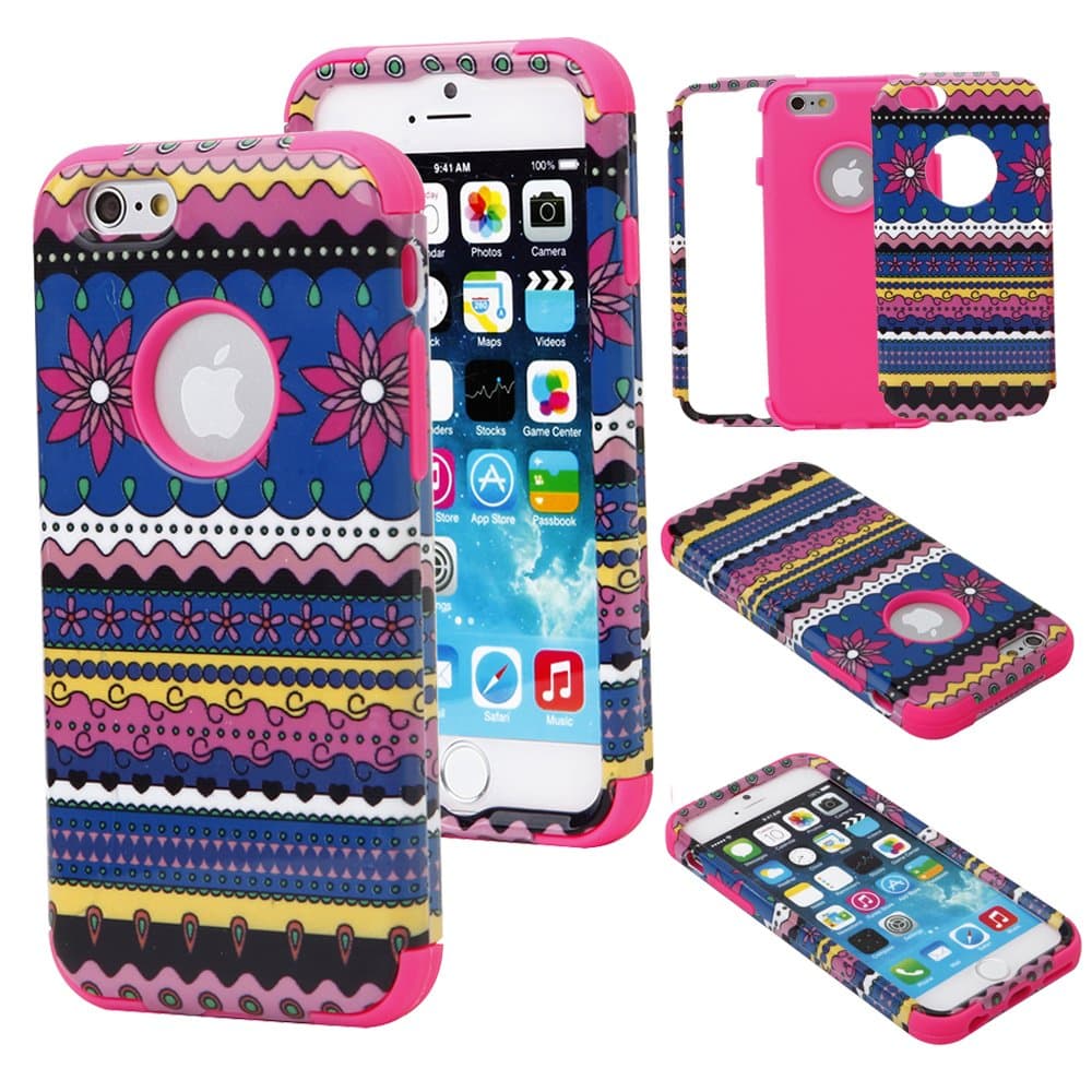 Cute and Adorable PC plus Silicone 3 in 1 Hybrid Case for iPhone6 -Purple Tribal Plaid+Pink