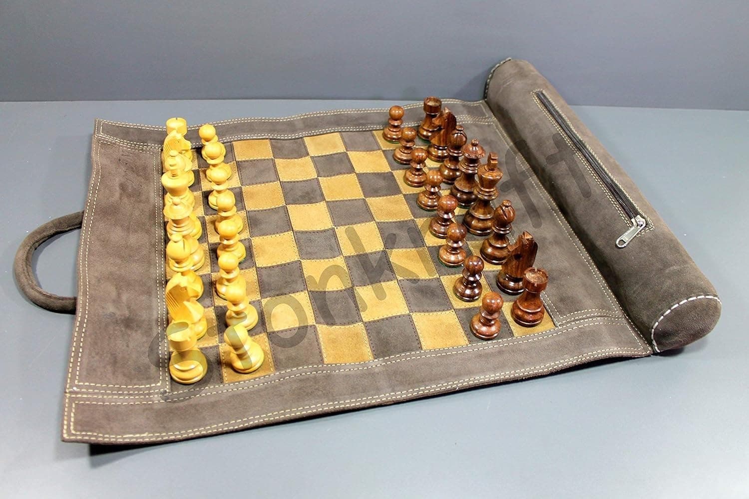 Stonkraft 19" x 15" (Chess Board Size 12" x 12") Genuine Roll-Up Leather Chess Set - With Wooden Chess Pieces - Brown Grey | Comes with a Innovative Carry Pouch