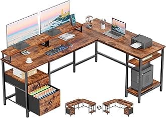 Furologee 66" L Shaped Computer Desk with Shelves, Reversible Corner Gaming Desk with File Drawer and Dual Monitor Stand, Large Home Office Table Writing Study Workstation, Rustic Brown