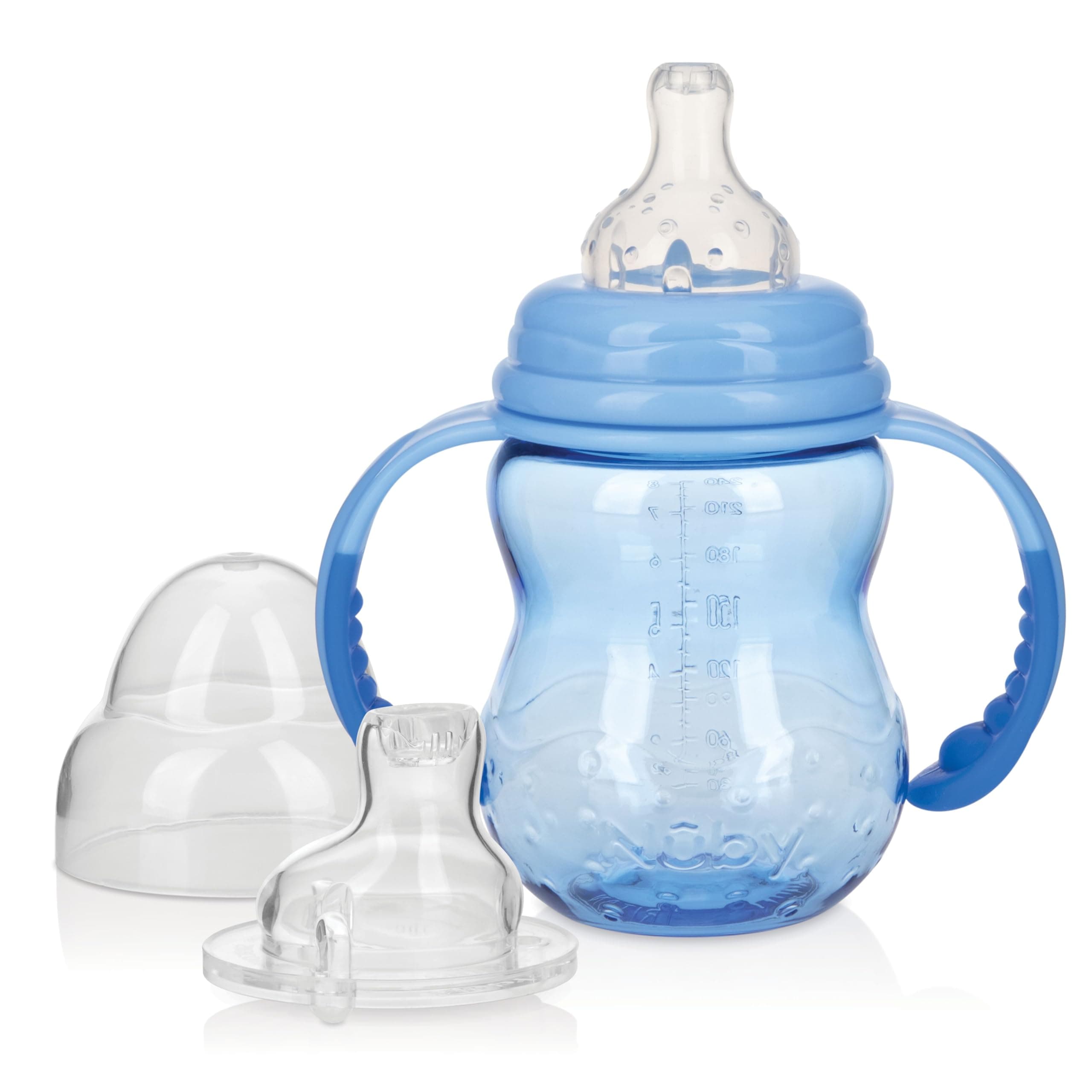 Nuby 3 in 1 Baby Bottle to Training Sippy Cup - 8 Oz Toddler Cups Spill Proof with Soft Spout, Nipple & Removable Grip Handles - Dishwasher Safe (Blue)