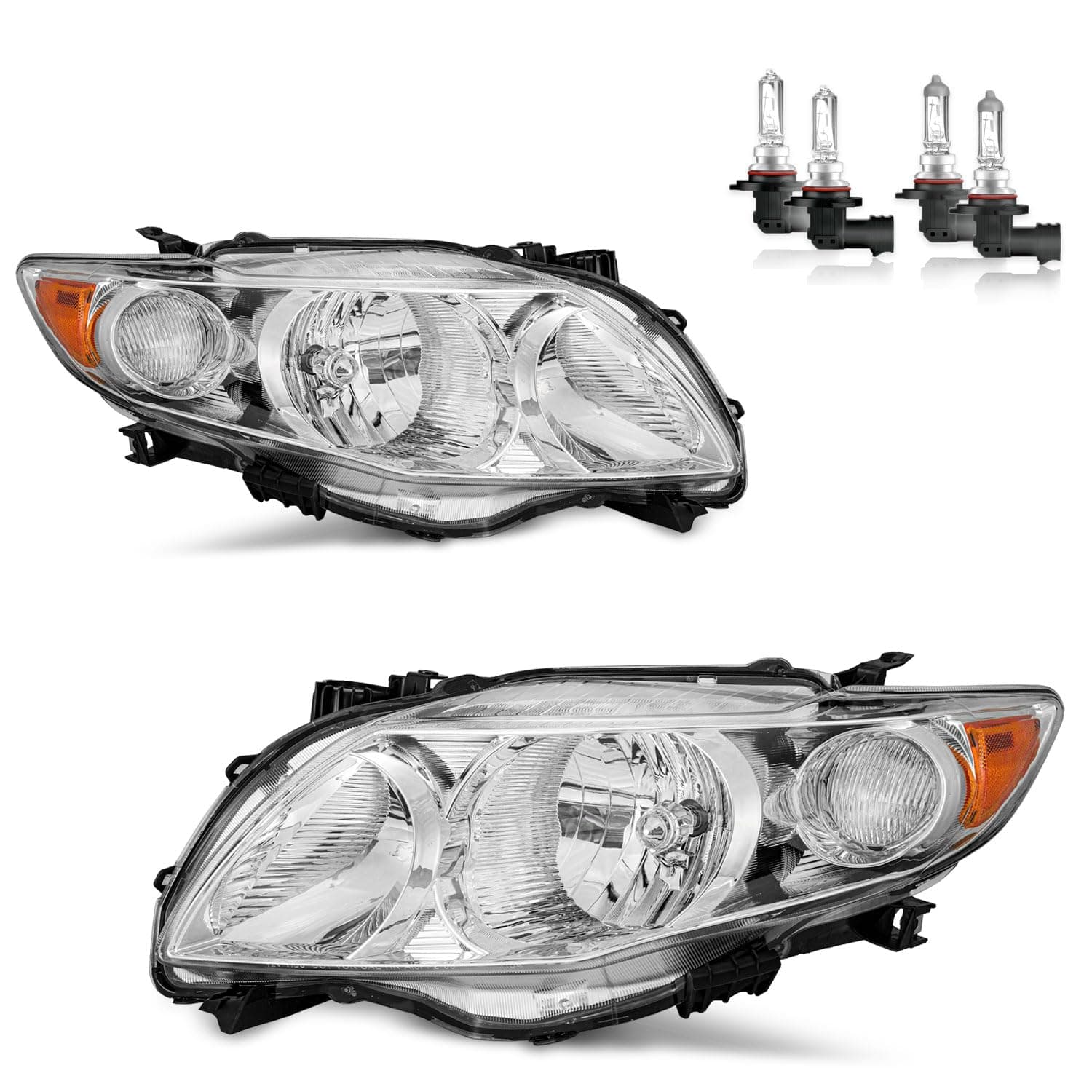 Headlights Assembly for 2009-2010 Toyota Corolla Halogen Headlamp Replacement Chrome Housing Amber Reflector Passenger and Driver Side