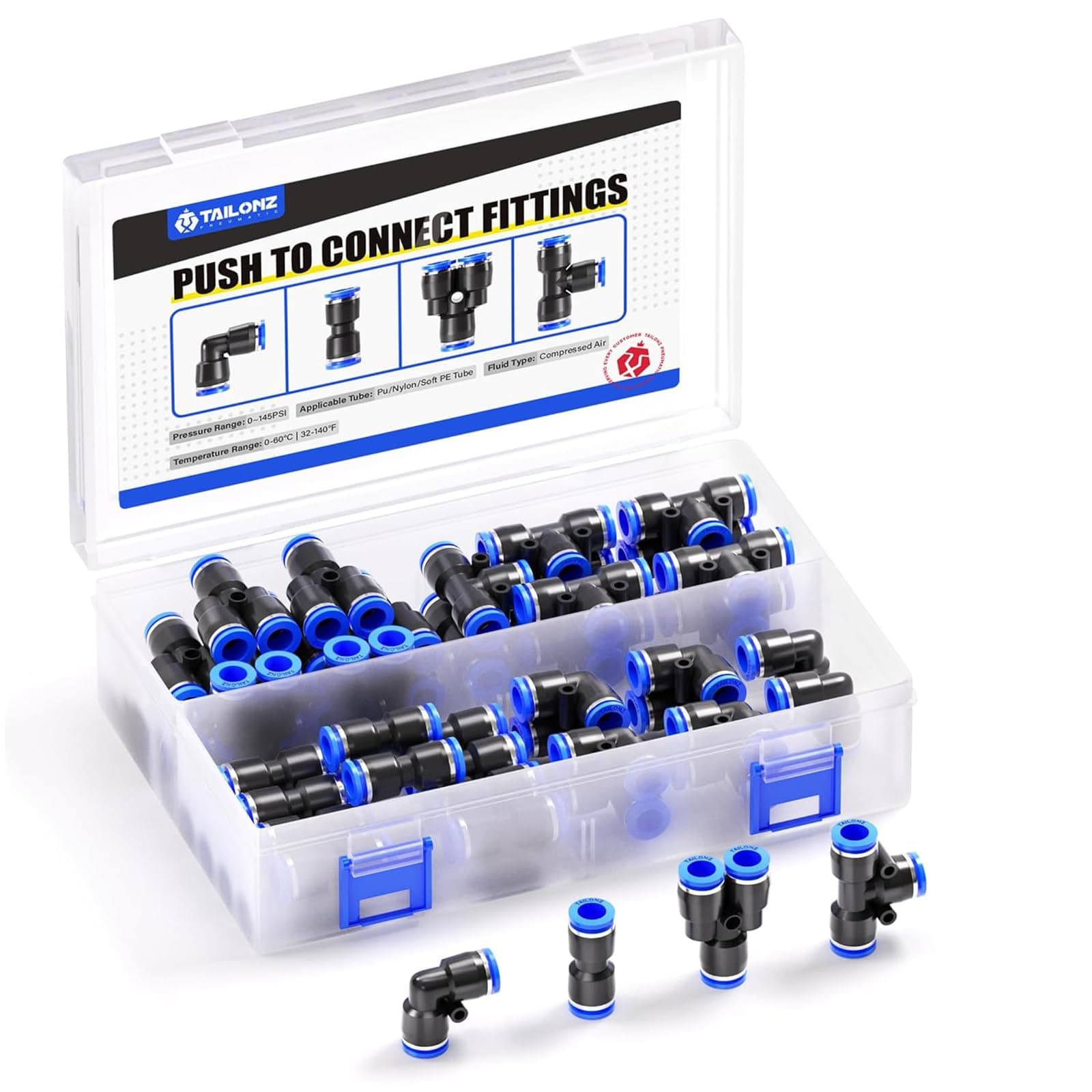 5/16 inch or 8mm od Push to Connect Fittings Pneumatic Fittings Kit 10 Spliters+10 Elbows+10 tee+10 Straight (40 pcs)
