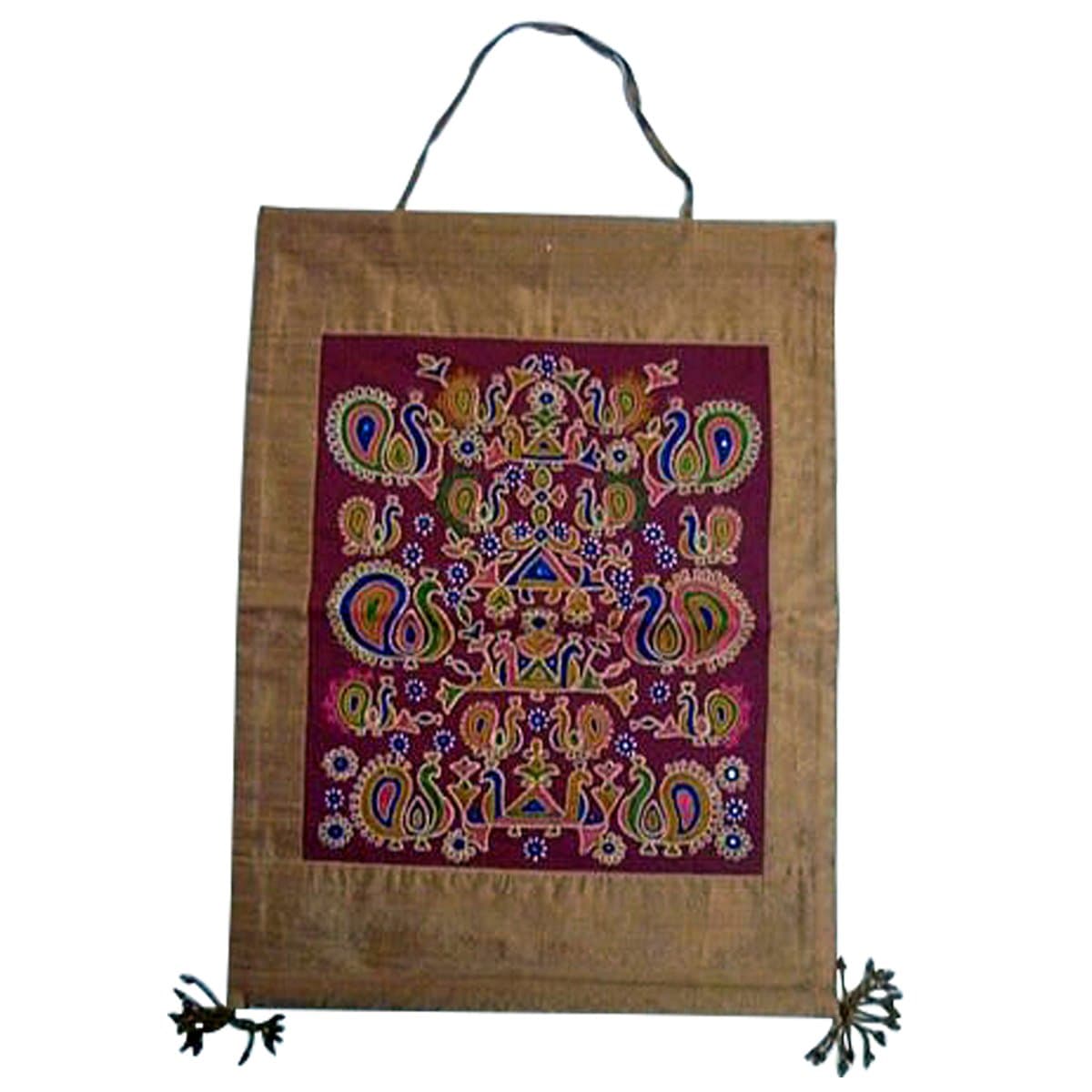 Aahir Hand-embroidered Raw Silk Monsoon Wall Hanging with Mirrors, 20" X 14"