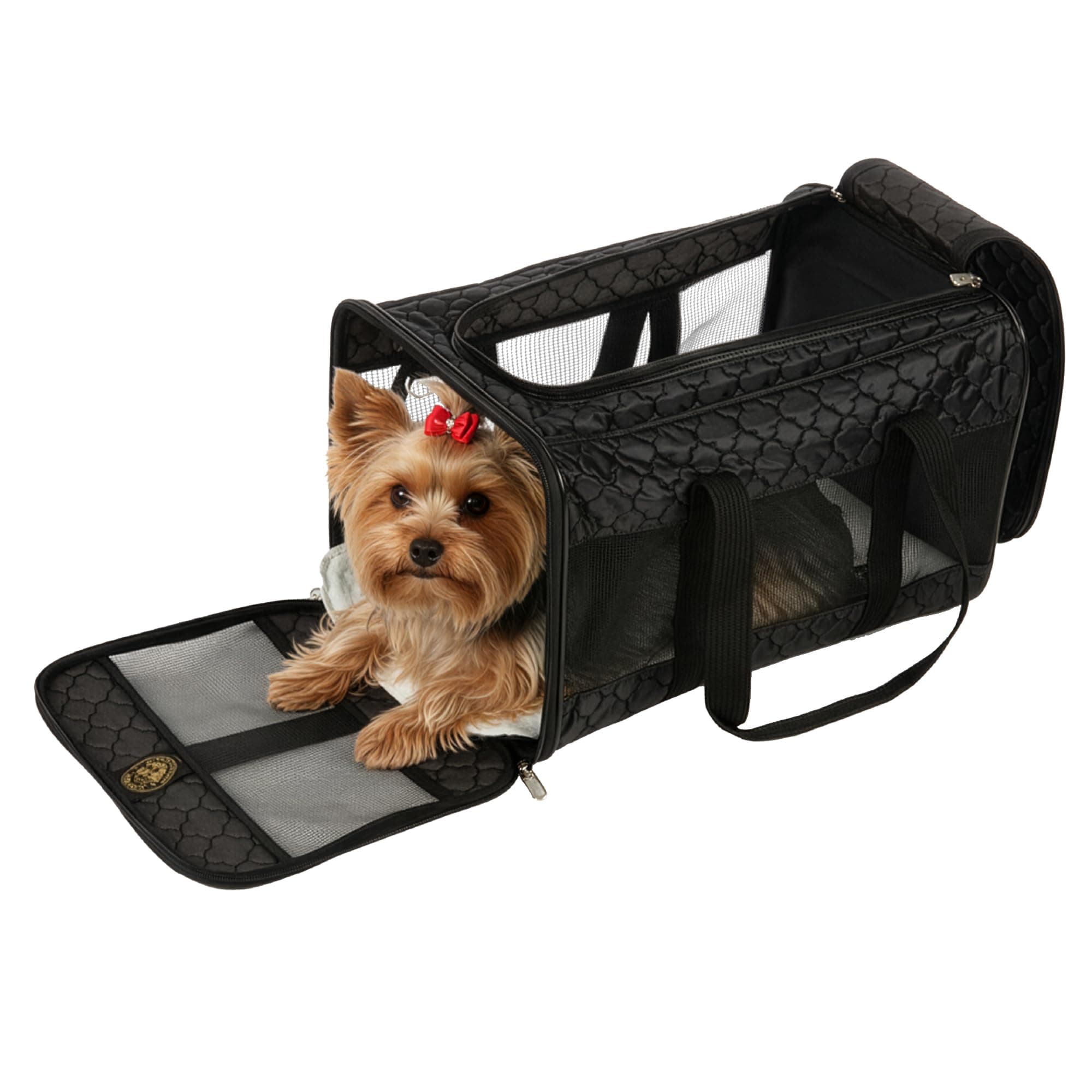 Sherpa Pet Carrier Airline Approved with Spring Wire Frame - Cat & Dog Carrier for In-Cabin Travel, Mesh Ventilation, Locking Zippers - Black Lattice, Large