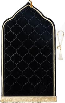 Muslim Prayer Rug with Tasbih Prayer Beads, Soft Memory Foam Prayer Matt Islam, Padded Islamic Prayer Mat Thick for Men and Women, Janamaz, Sajadah (25.6" x 43.3", Black)