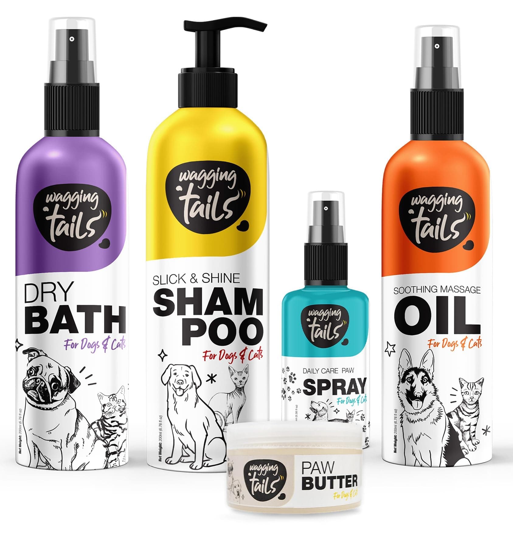 Wagging Tails 5 in 1 Grooming Kit Combo for Pets | Dog Shampoo + Dry Bath + Massage Oil + Paw Butter 50g + Paw Spray 100ml | Made with Natural Ingredients Box