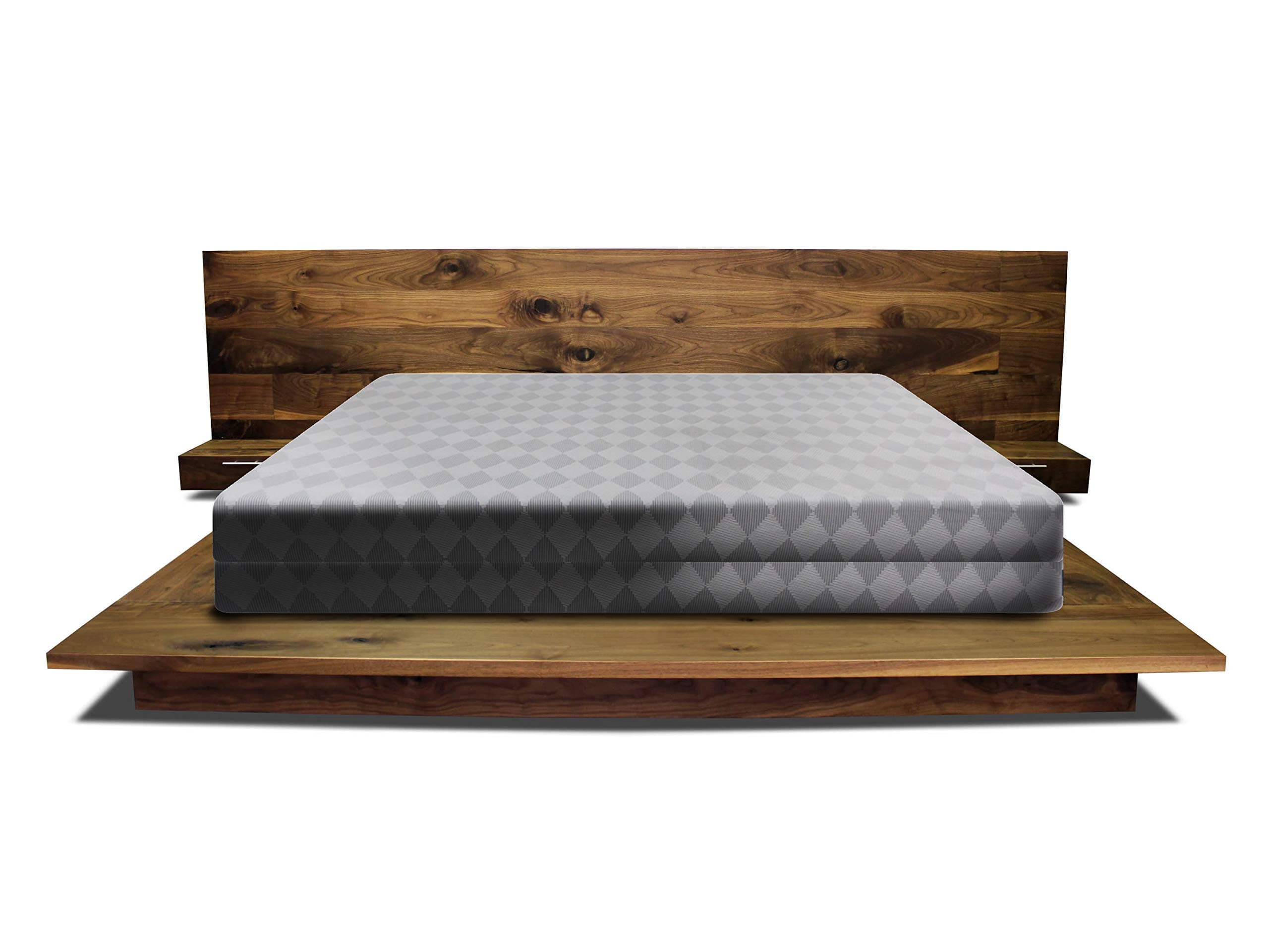 Modern Walnut Floating Platform Bed Frame with Headboard and Attached Nightstands