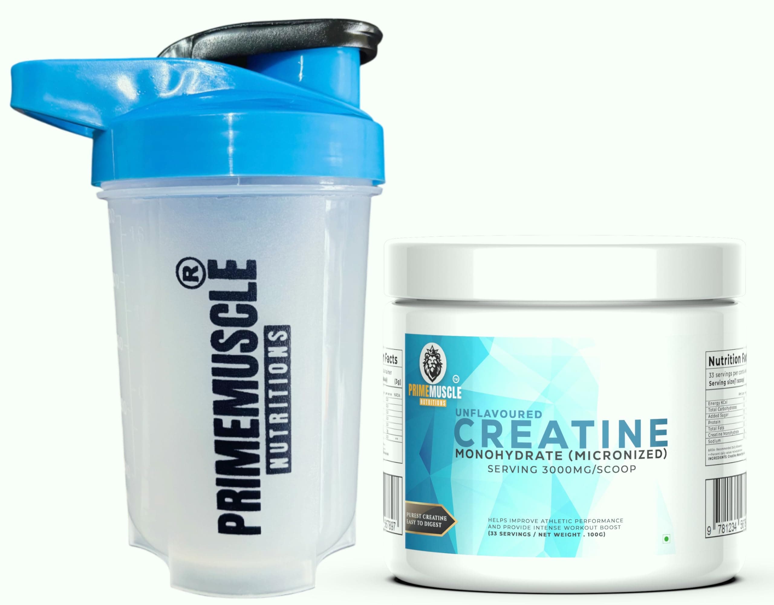 Primemuscle Nutritions Creatine Monohydrate Powder (100G+SHAKER, Unflavoured)