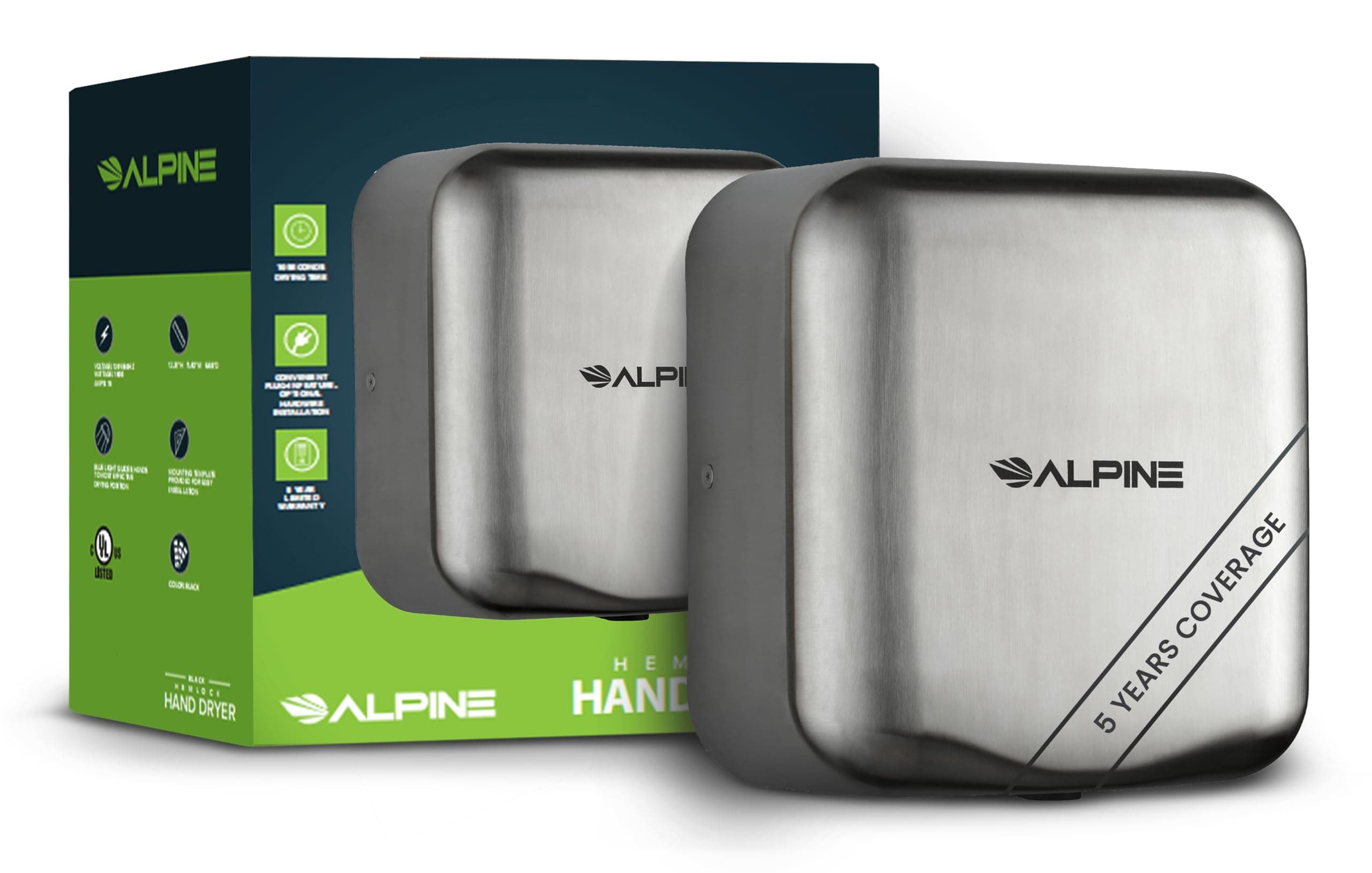 Industries 400-10-SSB Alpine Hemlock Automatic Hand Dryer - Heavy Duty Stainless Steel - Commercial High Speed Hot Air Hand Blower | 1800Watts | 110-120Volts | Quick & Easy Installation, Brushed Stainless Steel