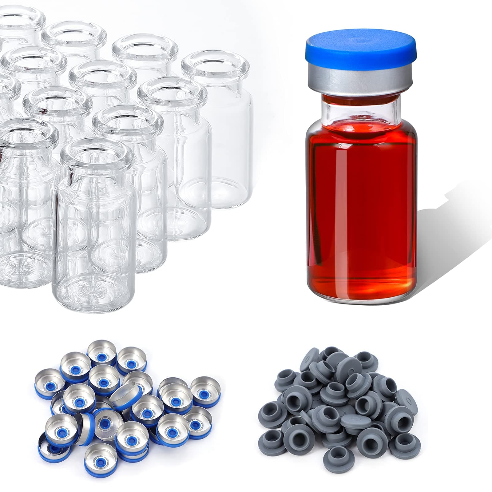 100 Pack 10ml Glass Vials, Clear Glass Headspace Vials with Plastic-Aluminum Flip Off Caps and Rubber Stoppers, 20mm Transparent Flat Bottom Lab Vial