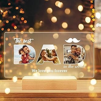 Personalised Gifts for Dad from Daughter and Son, Personalised Photo Frame with Night Light, Custom Acrylic Plaque Picture Frame with Photos, Customised Birthday Gifts for Dad