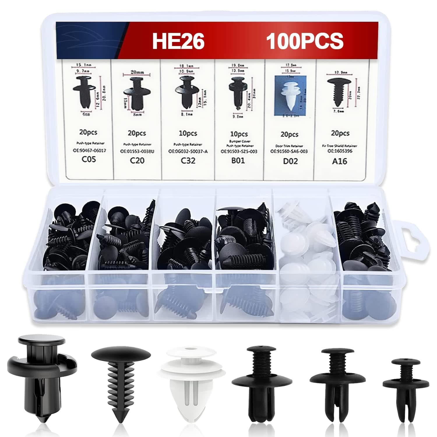 100Pcs Car Fixing Clips, 6 Types Car Body Trim Clips, Universal Auto Clips Plastic Nylon Rivet Trim Clamp, Car Retainer Clips, Car Mounting Set, Nylon Bumper Expansion Rivets