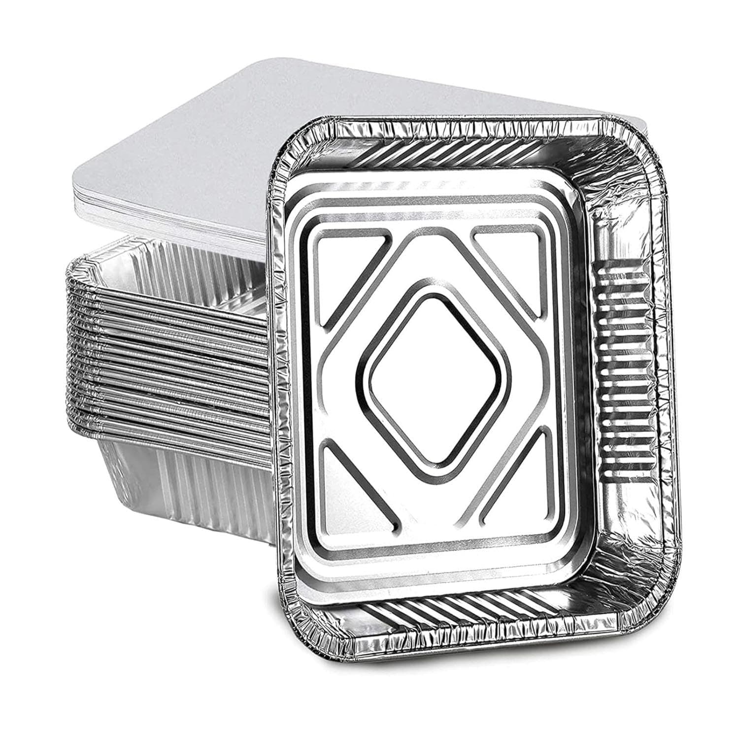 HOMESmith 10 Pack Aluminium Foil Trays with Lids Containers Strong and Large Tin Foil Food Take Away Container Disposable Food Take Out Box with Lid|1 Litre Square |, Silver