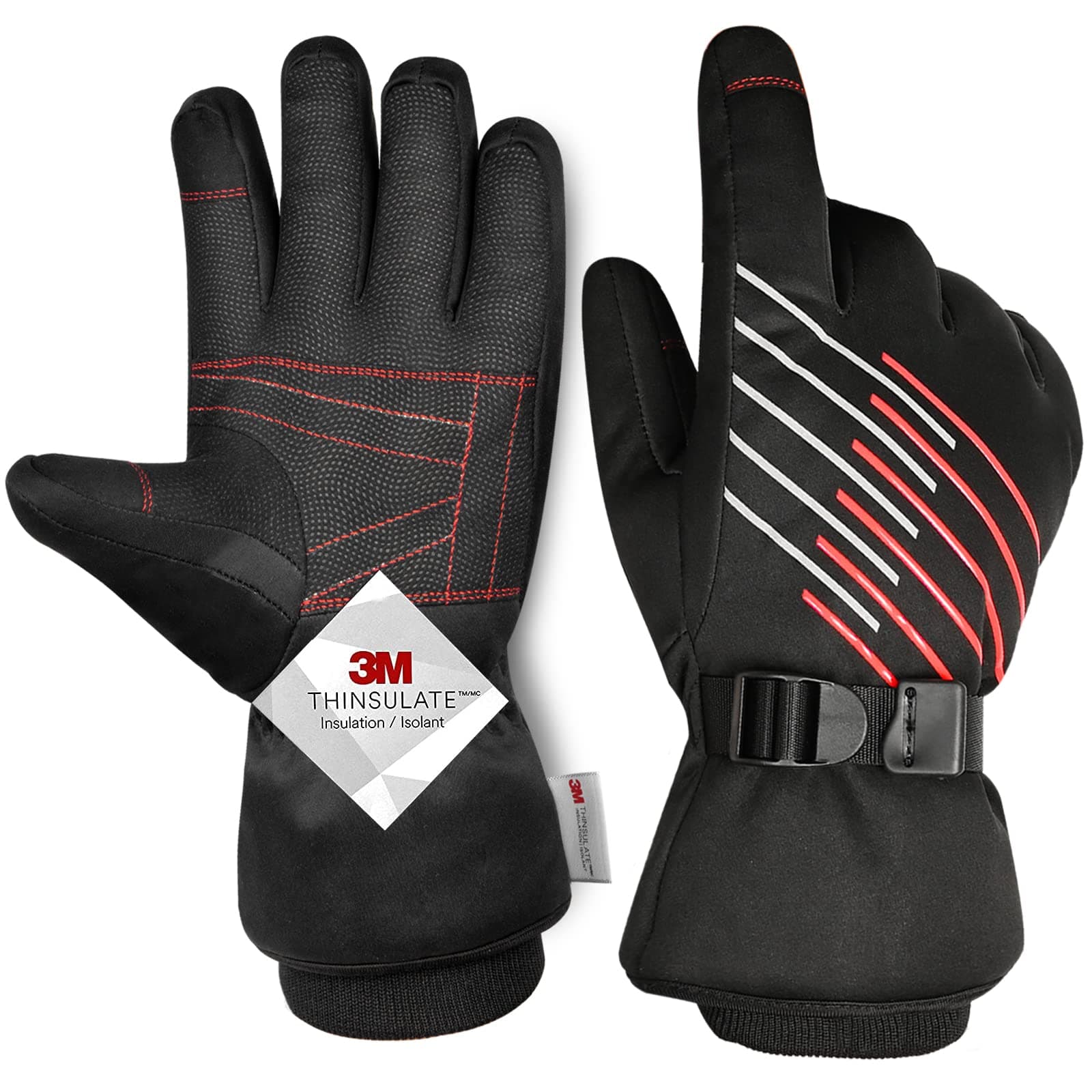 MOREOK -10℉ Winter Warm Gloves-3M Thinsulate Waterproof Touch Screen Insulated Gloves Bike Gloves Cycling Gloves [Reflective Tape] [Waterproof TPU Membrance]-RED-M