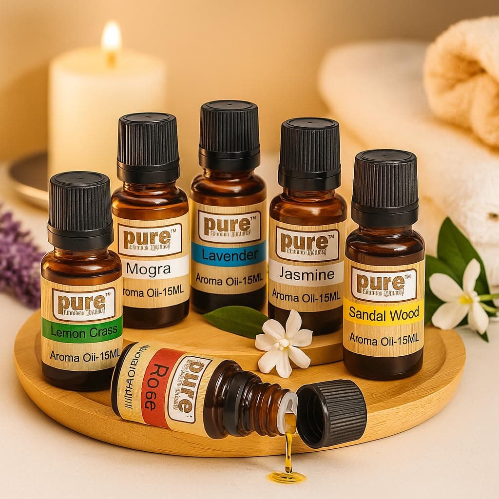 Pure Source India Aroma Diffuser Oil Set of 6 (Lavender, Lemongrass, Rose, Jasmine, Sandalwood, Mogra 15ml Each) | Pure Aroma Fragrance Oils for Home, Office Hotel, Resort and Spa